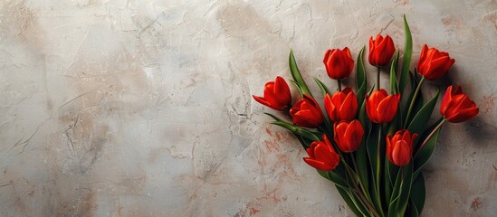 Sticker - Fresh flower arrangement bouquet of red tulips textured backdrop Concept for International Women s Day and Mother s Day greetings Copy space close up top view flat lay