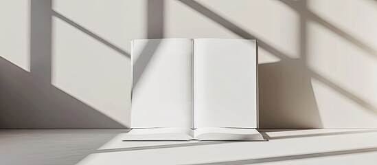 Poster - A blank white book projects a shadow on a simple background with copy space Sunlight produces an artistic design evoking a calm and creative environment for ideas