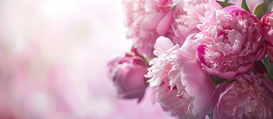 Wall Mural - Bouquet of pink peonies set against a light board background with selective focus Garden flowers Copy space