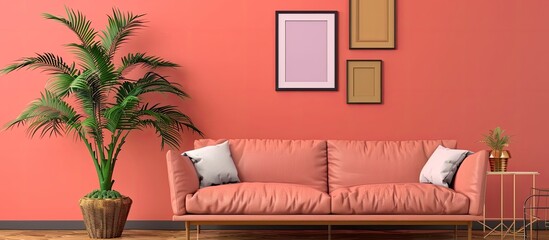 Sticker - Cozy sofa houseplant and empty photo frames beside a colored wall. Copy space image. Place for adding text and design