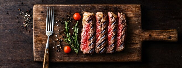 Sliced medium-rare beef steak on a dark wooden table with copy space, top view. Gourmet meat dinner background. Black slate plate and fork. BBQ grill food concept. Top-down view.