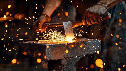 A close-up of an anvil with sparks flying as a blacksmith hammers metal into shape.