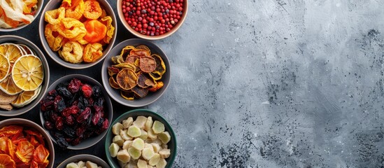 Poster - Vibrant bowls filled with dehydrated food A flat lay of various dry vegetables and fruits with copy space