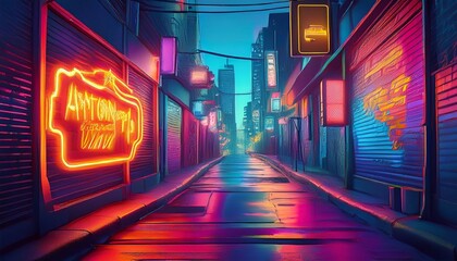 Wall Mural - Vibrant Neon Warning Sign Illuminating Urban Alleyway at Dusk With Colorful Lights