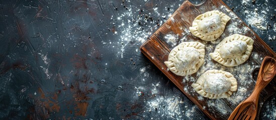 Sticker - Raw meat filled chebureks ready for frying on a wooden board sprinkled with flour top view copyspace