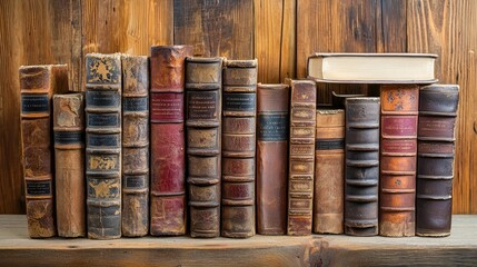 Wall Mural - A collection of antique books with leather-bound covers stacked on a wooden shelf.