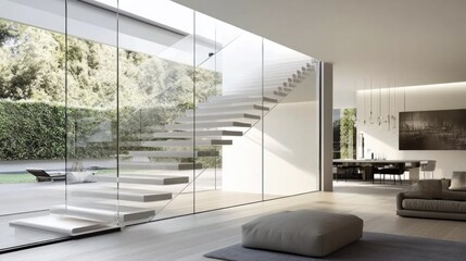 Wall Mural - Modern Interior with Glass Staircase and Garden View