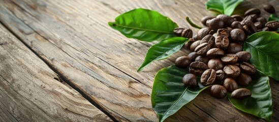 Sticker - Fresh coffee beans with a leaf on a wooden table. Copy space image. Place for adding text and design