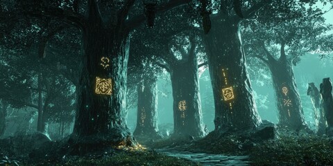 Canvas Print - Enchanted forest with glowing symbols on trees.