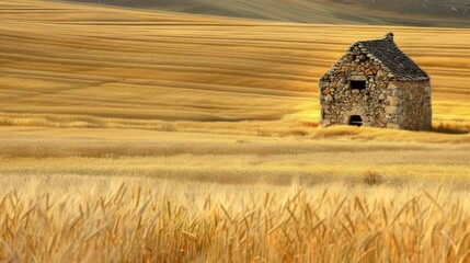 Ancient stone barn amidst vast fields of wheat