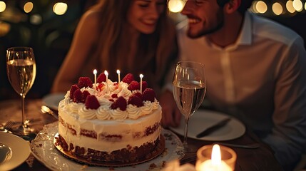 Canvas Print - A couple sharing a romantic dinner with a beautifully decorated anniversary cake and candles on the table.