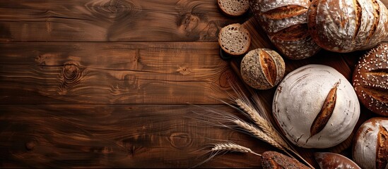 Sticker - Various bread loaves on a wooden background with copy space Bakery delicious food idea Top view