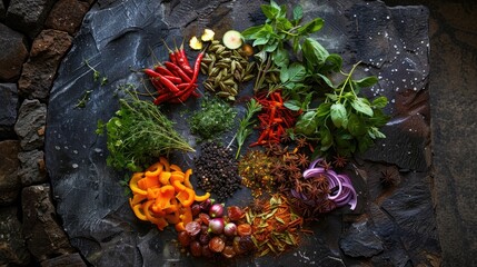 Fresh herbs and spices arranged like a color wheel