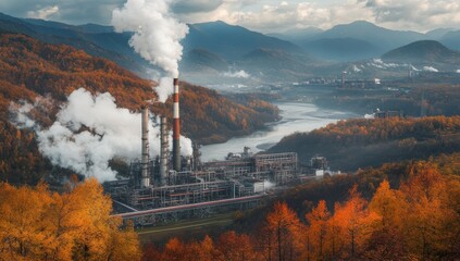 oil processing plant with smokestacks emitting white clouds against the blue sky, surrounded by autumn trees and mountains on one side, near water in front of it