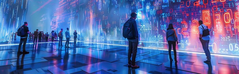 Poster - People silhouetted against a futuristic digital wall with glowing numbers