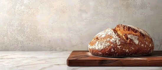 Canvas Print - Rye bread on a wooden cutting board. Copy space image. Place for adding text and design