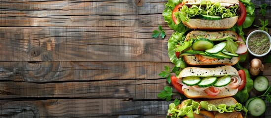 Sticker - A collection of sandwiches containing fish avocados cucumbers and mushrooms Set against a wooden background Free copy space Top view