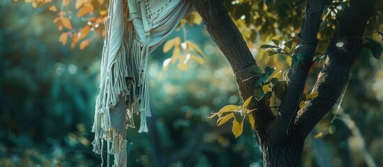 Poster - Artisanal and crafted Detailed hand knotted cotton fabric adornment hanging from a tree in a natural setting. Copy space image. Place for adding text and design
