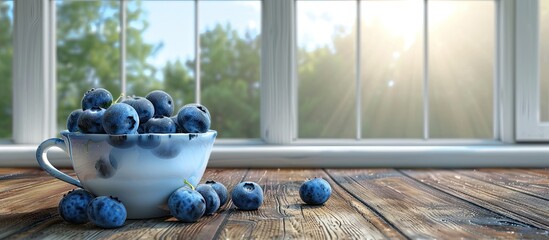 Wall Mural - Fresh juicy blueberries in a cup on a wooden table. Copy space image. Place for adding text and design