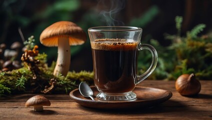 Glass cup with mushroom coffee on a wooden table next to mushrooms