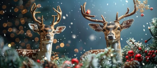 Poster - Christmas card featuring a deer and festive decorations. Copy space image. Place for adding text and design