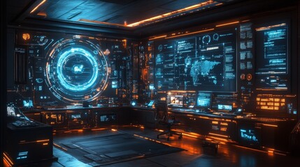 Poster - A sleek, futuristic office featuring glowing screens and high-tech interfaces designed for efficient communication and collaboration among team members.