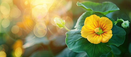 Poster - a close up of a yellow nasturtium flower shining in the summer sunlight. copy space image. place for