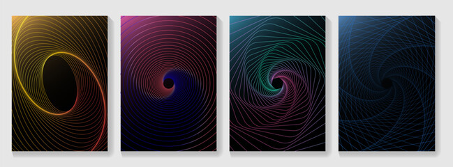 Poster - Set of glowing neon color circles round curve shape, minimal style cover template with vibrant perspective. Color abstract background for app, web design, banner. Modern style. vector illustration