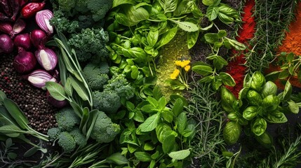 Fresh herbs and spices arranged like a color wheel