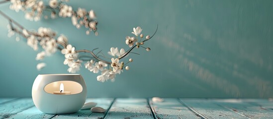 Poster - Arrangement with an aroma lamp on a blue wooden table set against a light grey backdrop with space for text. Copy space image. Place for adding text and design