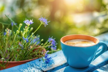 Coffee on blue table by lobelia in pot on balcony with grass backdrop at dawn