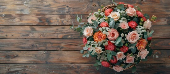 Sticker - Background for Valentine s Day or a wedding A basket bouquet of roses and chrysanthemums on a vintage wooden surface Flat lay Top view with copyspace