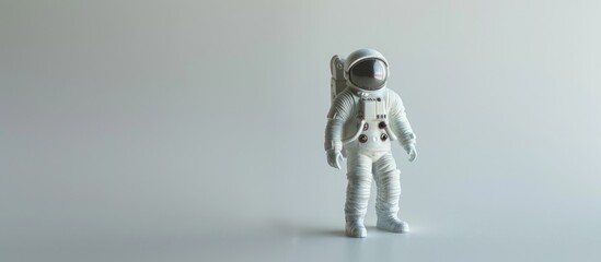 Wall Mural - Plastic toy astronaut figure against a silver background with copy space Concept of off Earth travel private space missions and sustainability