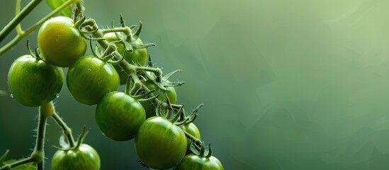 Canvas Print - Cluster of green ripening tomatoes on a branch in a greenhouse against a green backdrop Harvest time is approaching. Copy space image. Place for adding text and design