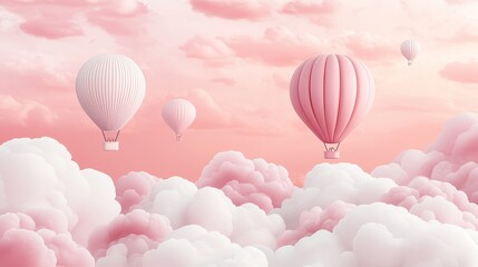 A whimsical wallpaper with hot air balloons floating among clouds, in soft, dreamy colors