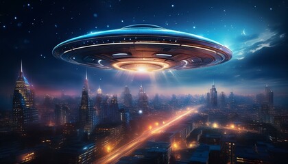 Flying saucer flying over night city, alien spaceship in night city, Generative AI