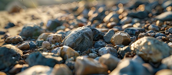 Poster - Selective focus on the foreground featuring numerous small stones with a blurred background of additional stones Copy space available for use