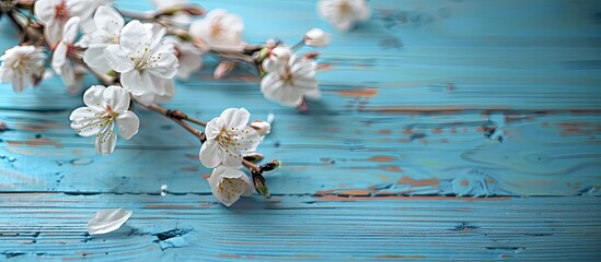 Wall Mural - cherry blossom branch on a blue wooden surface. Copy space image. Place for adding text and design