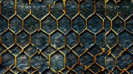 Wall Mural - Geometric metal grid with hexagonal patterns