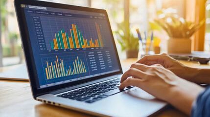 Young businessman in wearing elegant suit, sitting in office, and looking at graphs, corporate analytics on a laptop . Male employee working, job workplace 