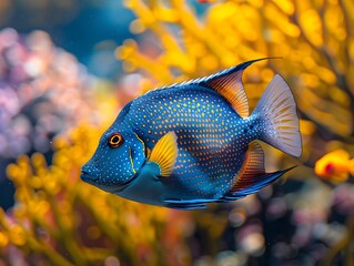 Wall Mural - Blue and Yellow Spotted Fish in Coral Reef.