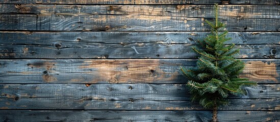 Poster - fir tree on a weathered wooden backdrop. copy space image. place for adding text and design