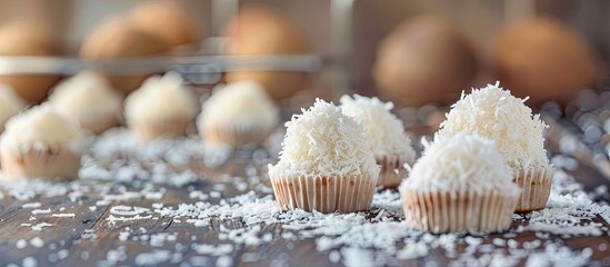 Wall Mural - Cakes covered in coconut shavings Selective focus. Copy space image. Place for adding text and design