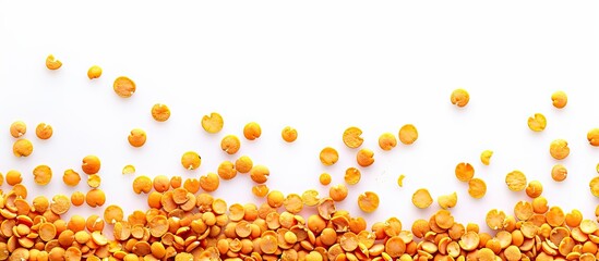 Wall Mural - Closeup of a border of yellow purified lentils with copy space on a white background Isolated Nutritious protein source