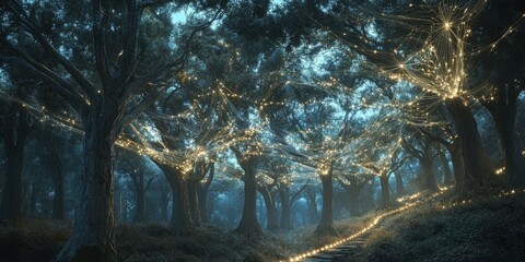 Canvas Print - A magical forest with a stone path lit by glowing