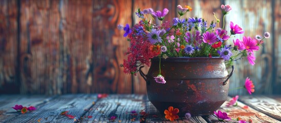 Poster - small metal cauldron with flowers on wood. Copy space image. Place for adding text and design