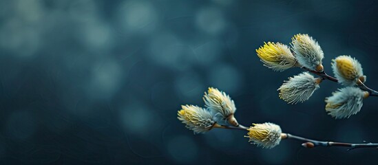 Poster - Hello Spring Easter Easter backdrop Soft and fluffy willow bud against a dark abstract background Close up Selective focus copyspace available side view