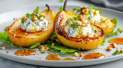   Three pears topped with blue cheese and lettuce on a white plate