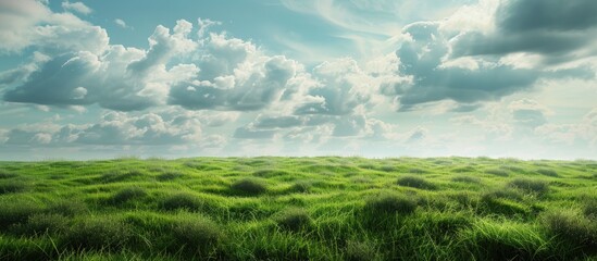 Poster - vacant green field with shrubs and a cloudy sky copy space