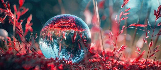 Poster - crystal ball photography of red grass plants using a lens. copy space image. place for adding text a
